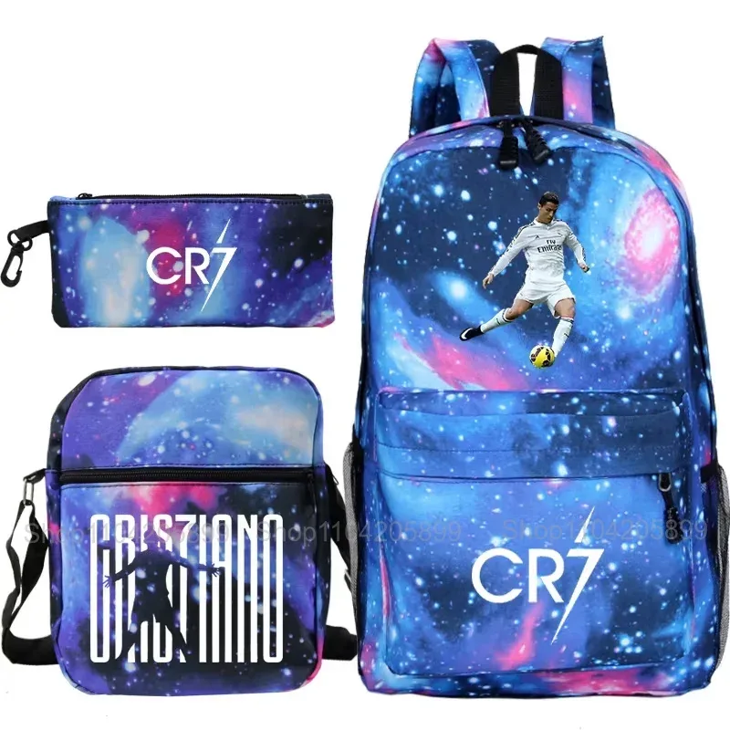 sacs à dos cr7 ronaldo pour garçons et filles, 3 pièces, sacs d'école, sac à bandoulière, trousse à crayons, capacité pour ordinateur portable, sac à dos de voyage quotidien, cadeau