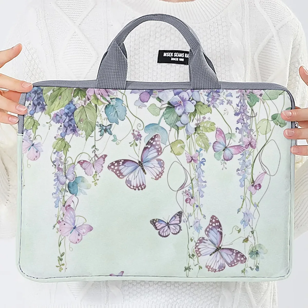 un ensemble, deux styles, sacoche pour ordinateur portable imprimée avec motif glycine et papillon, adaptée aux ordinateurs portables de 14 pouces