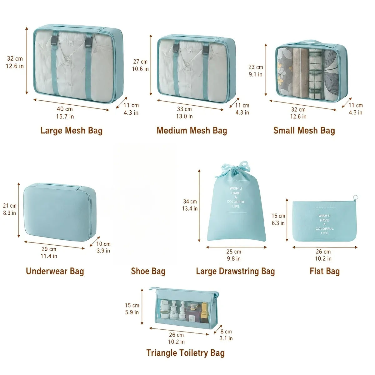 Ensemble de 8 organisateurs de voyage, comprenant des cubes de rangement pour vêtements et sous-vêtements, des sacs à cordon et une trousse de toilette, organisateurs de valise inclus.