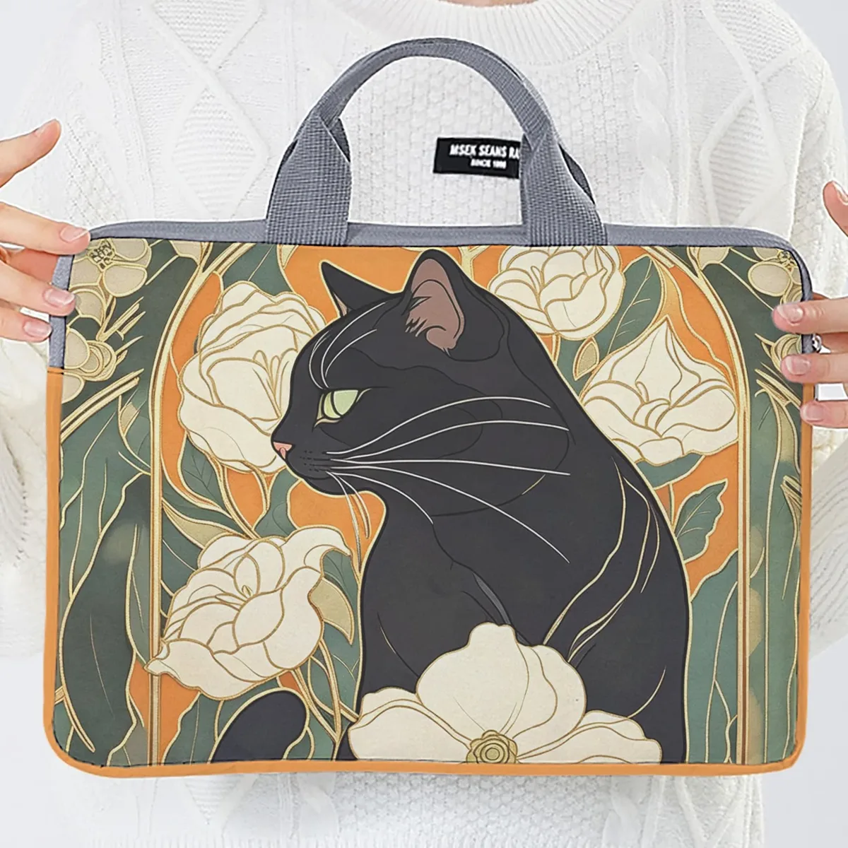 1 pièce, deux styles, sac pour ordinateur portable imprimé motif camélia et chat noir, housse souple en tissu pour ordinateur portable, convient aux ordinateurs portables de 14 pouces