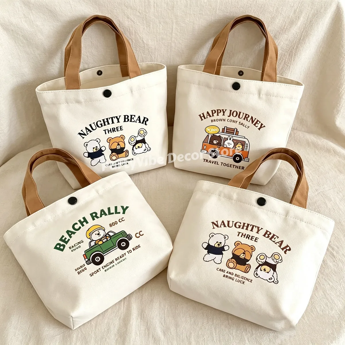 Sac en toile motif ours mignon, sac à main polyvalent, sac fourre-tout pour étudiants, sac de shopping, sac à déjeuner pour employés de bureau, sac bento, sac cadeau idéal pour femmes.