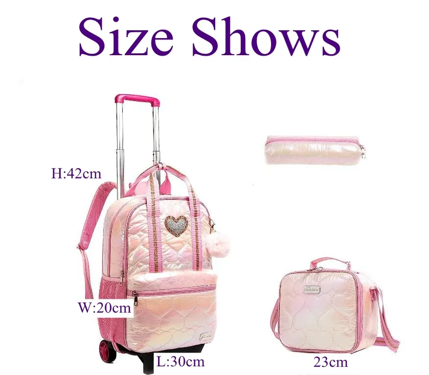 sac à dos roulant pour filles, ensemble de sacs à roulettes pour l'école primaire, sac à déjeuner, sacs à livres d'école pour enfants, bagages à main, sac à dos à roulettes