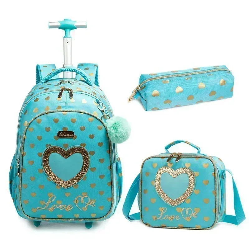 ensemble de sac à dos à roulettes pour enfants avec boîte à lunch, sac à dos scolaire à roulettes, sac à dos trolley pour filles