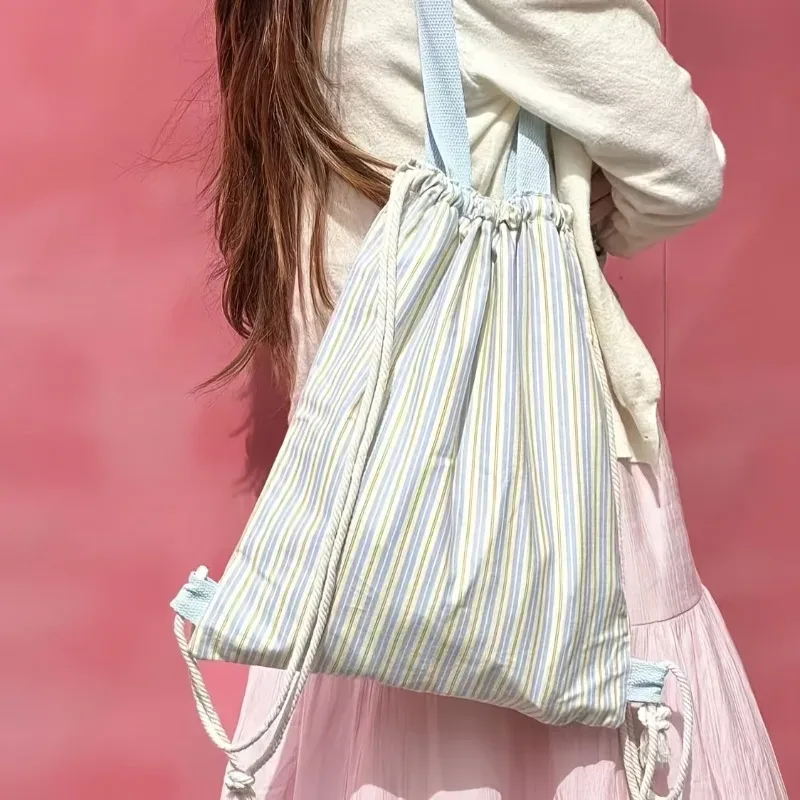 sac à dos en toile rayée grande capacité, style britannique, pour jeunes, avec cordon de serrage, idéal pour les trajets quotidiens
