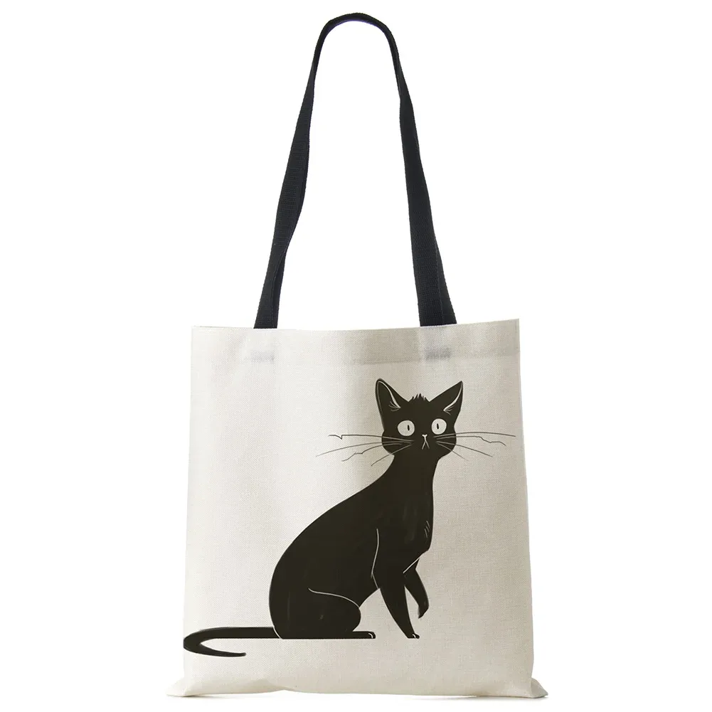 sacs fourre-tout de styliste pour femmes, sac à main écologique en tissu de lin imprimé chat noir sumi, sac à bandoulière réutilisable pour le bureau et le shopping