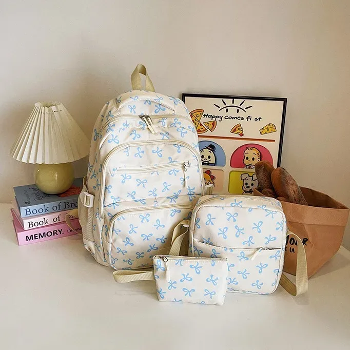 ensemble de 3 sacs à dos mignons avec nœuds, grand sac à dos scolaire, sac à dos de voyage décontracté polyvalent, sac bandoulière pour filles