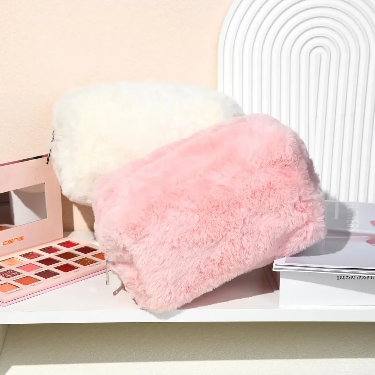 trousse de maquillage, trousse à cosmétiques mignonne en peluche rose blanc, pochette de maquillage, trousse de toilette de voyage, organisateur, sac de rangement gonflé pour femmes