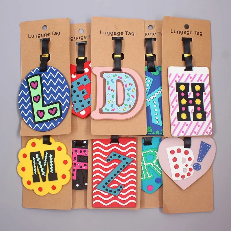 étiquette d'accessoires de voyage pour bagages, 26 lettres mignonnes, en gel de silice, support d'identificati