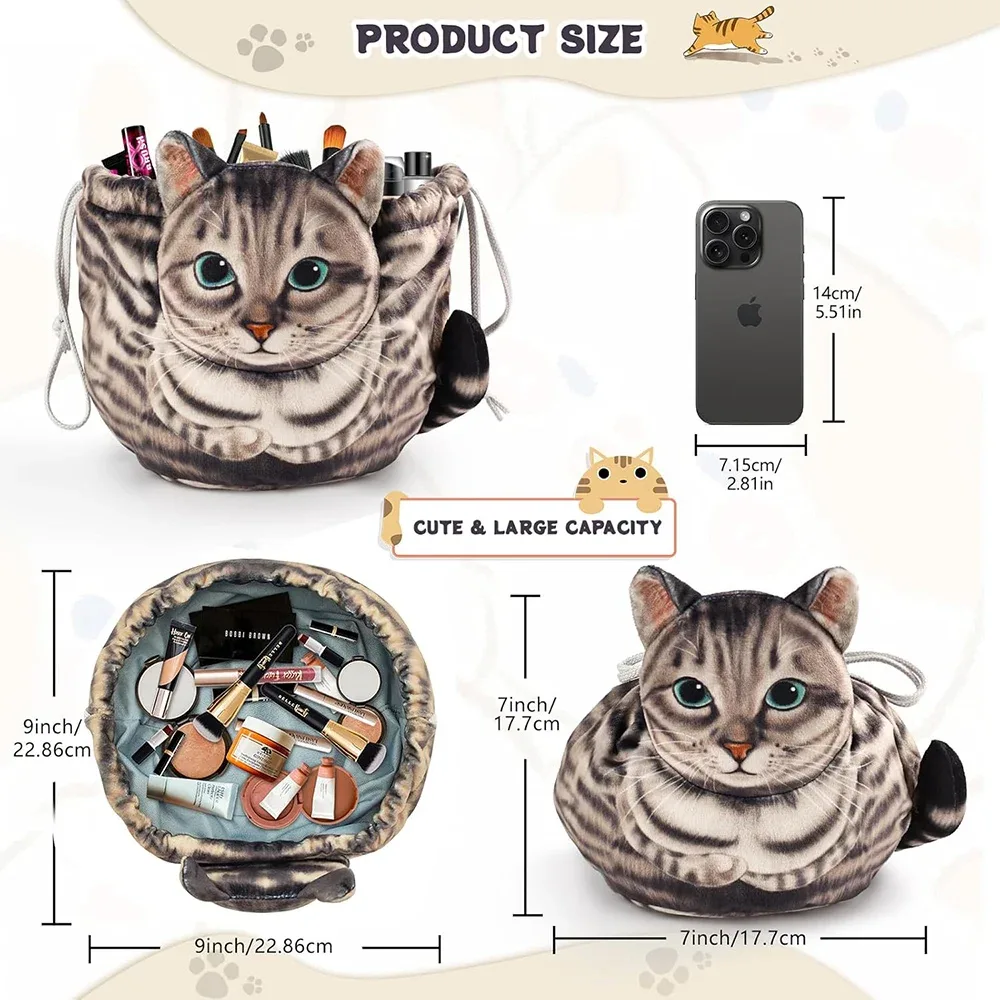 trousse de maquillage à cordon en forme de chat, sac à cosmétiques portable de grande capacité pour femmes, organisateur de voyage, sac de rangement, pochette de soins de la peau