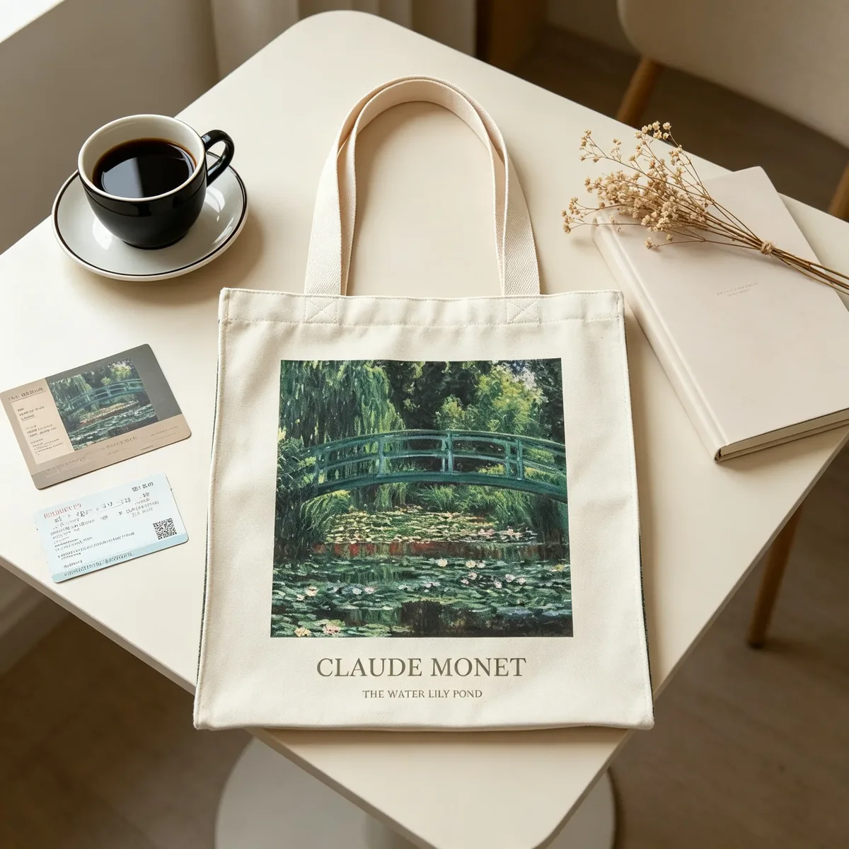 sac fourre-tout esthétique monet water lily pond, sac de shopping réutilisable en coton, exposition muséale d'art vintage