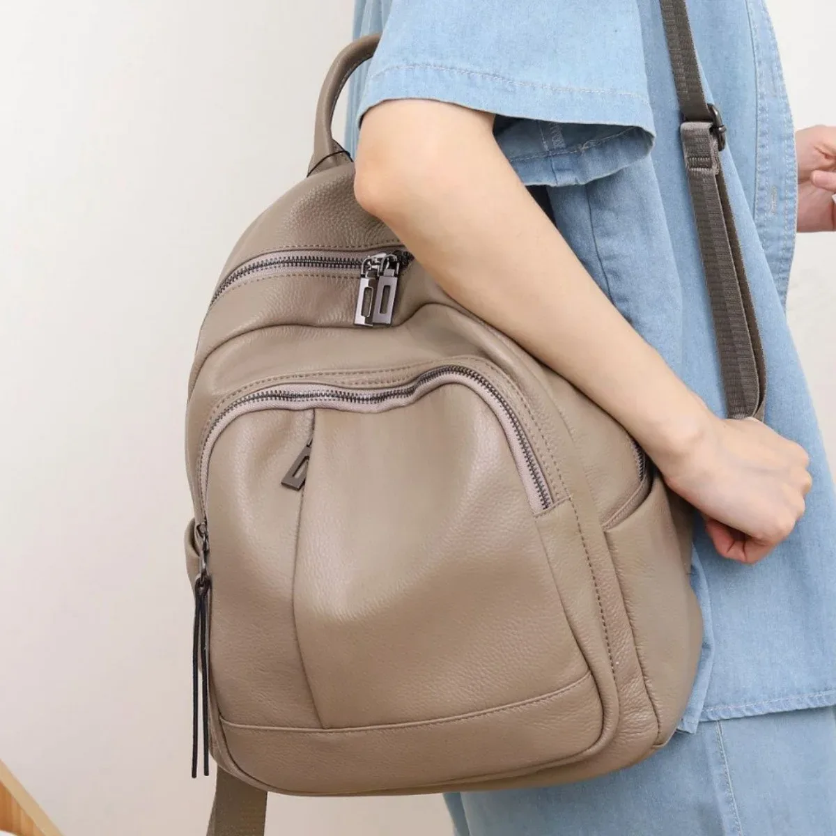 Sac à dos décontracté en cuir de vachette véritable pour dames, sac de voyage antivol, motif solide, sac à dos en cuir véritable