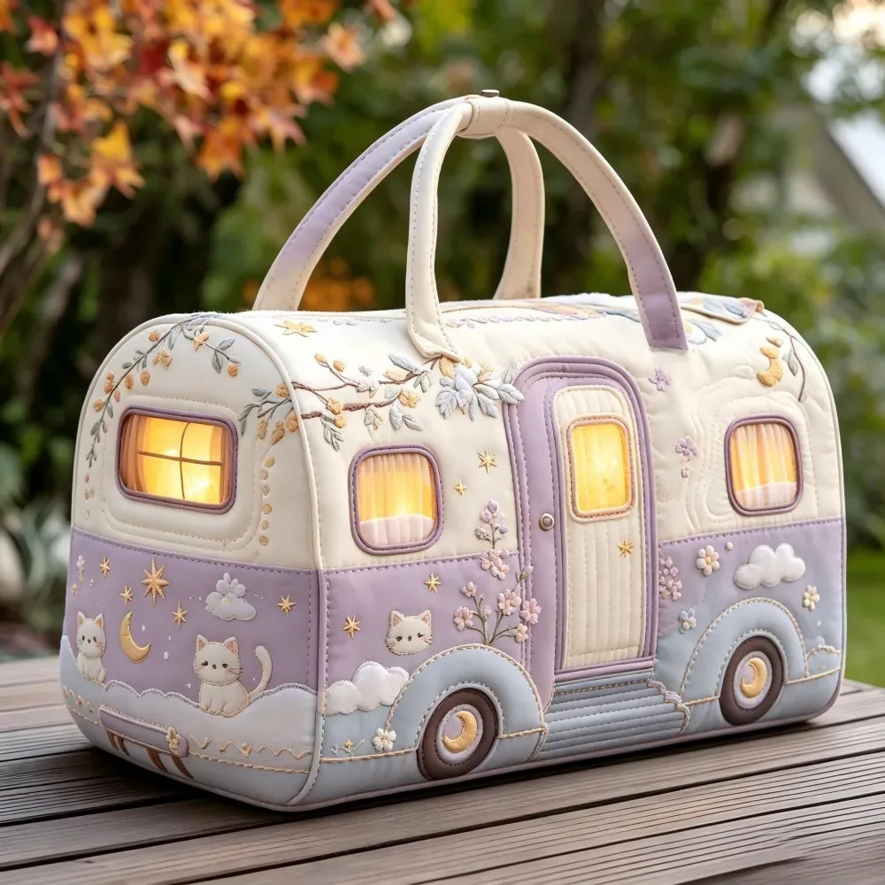 sac à main matelassé vintage de noël pour femme, motif camping-car, broderie 3d neige, citrouille, pin, lanterne, grande capacité, sac de voyage