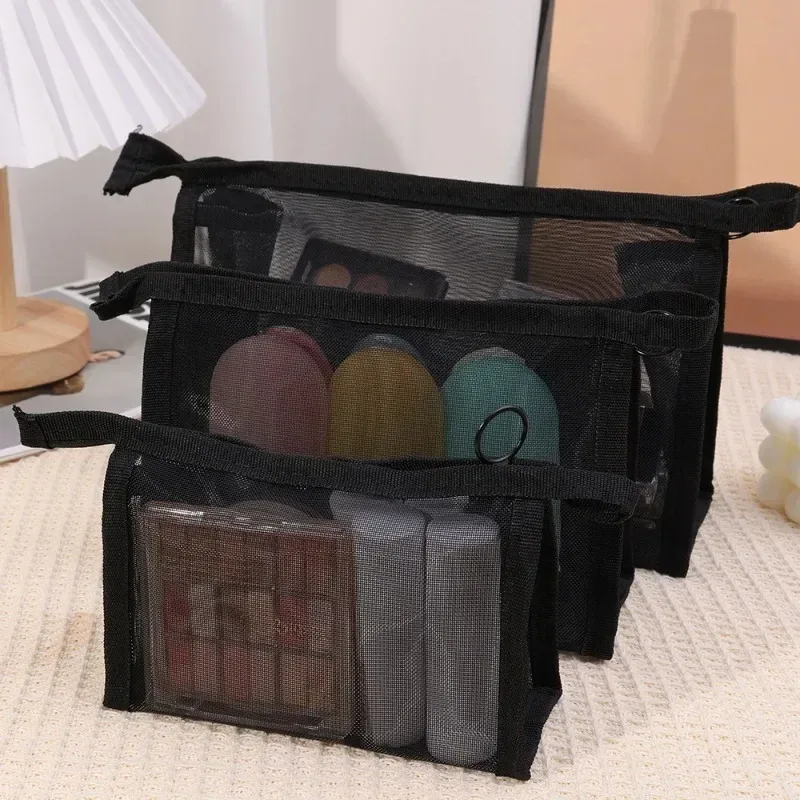 sac à cosmétiques de voyage en maille noire, trousse de maquillage à fermeture éclair pour femmes, trousse de toilette de lavage, organisateur de maquillage, pochette de rangement portable