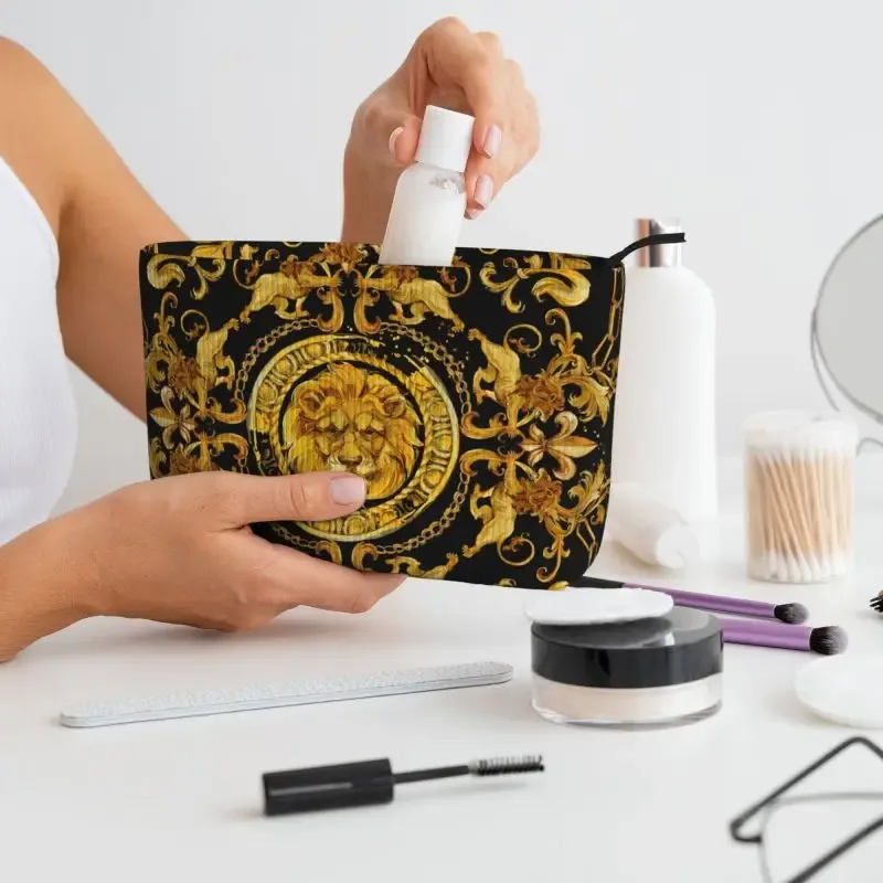 sac à cosmétiques imprimé lion doré pour femmes, trousse de maquillage de grande capacité, étui de rangement, trousse de toilette de rangement de beauté