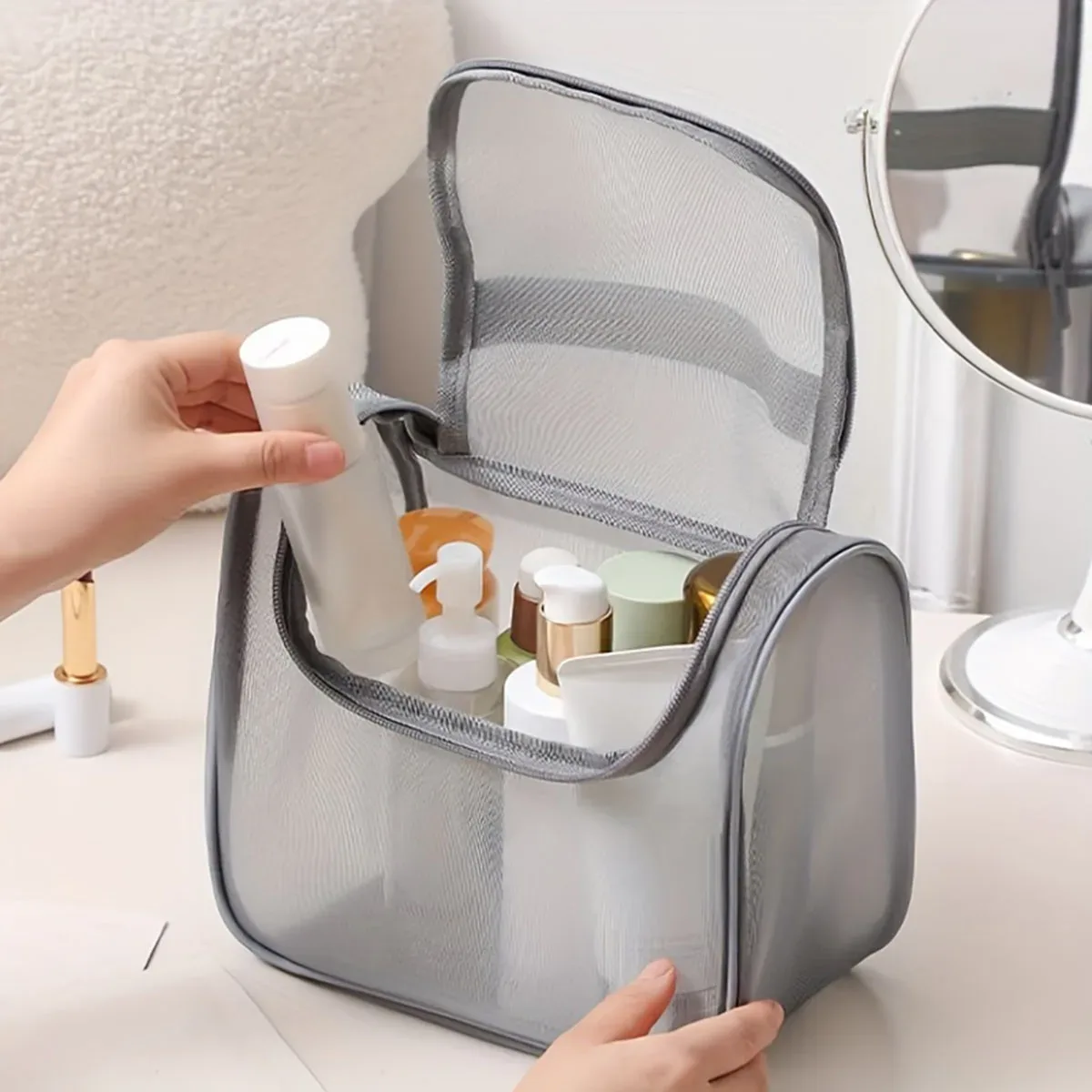 sac de toilette grande capacité pour femmes, multifonctionnel, portable, en nylon courbé, organiseur de maquillage en maille