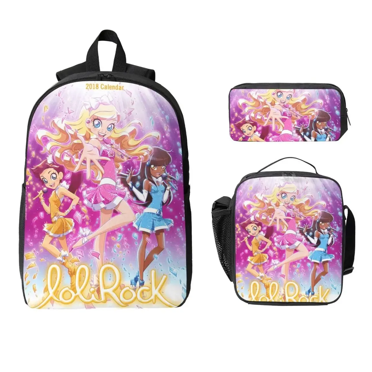 lolirock – sac à dos de dessin animé pour étudiants, sac d'école, sacs à bandoulière pour ordinateur portable, 3 pièces, sac à déjeuner isotherme, trousse à crayons