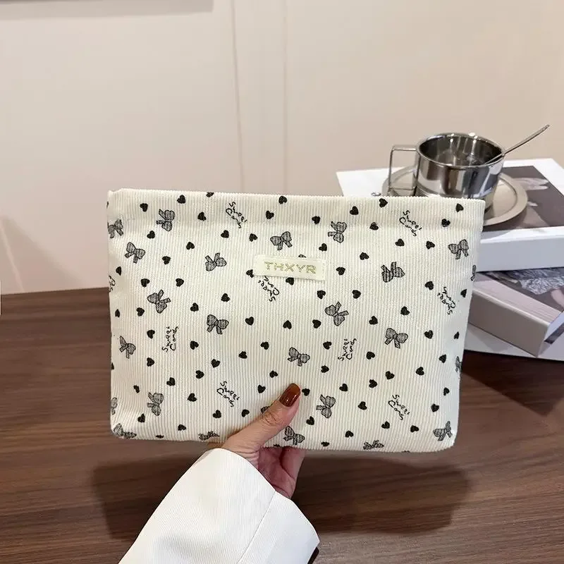 kawaii – trousse de maquillage avec nœud en velours côtelé, grande capacité, sacs à cosmétiques multifonctionnels pour femmes, étuis à main, trousse à crayons, sac de rangement