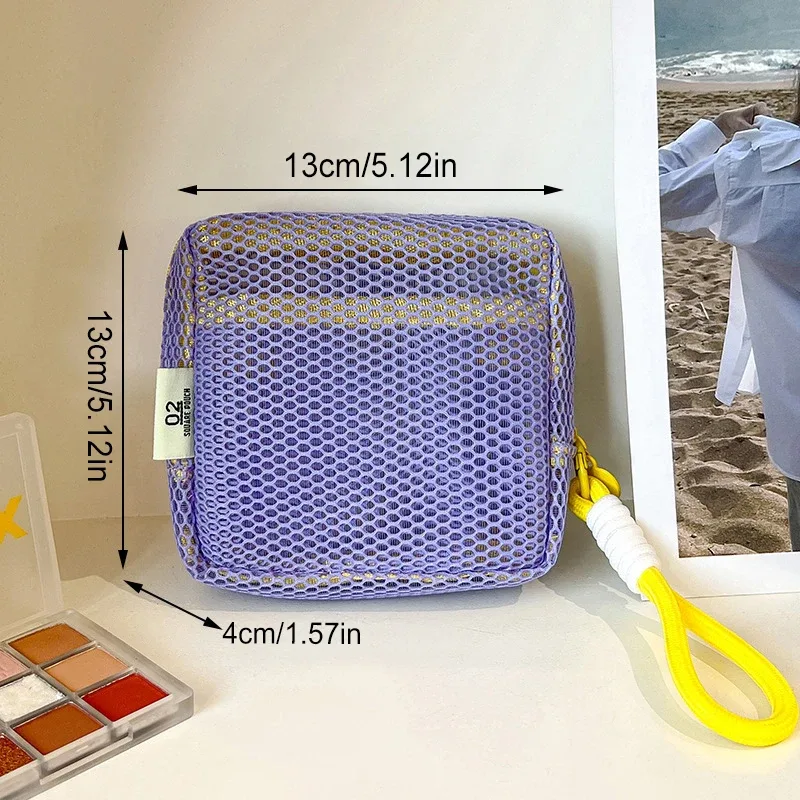 sac cosmétique carré en maille, sac de rangement cosmétique carré portable avec fermeture éclair, sac de rangement multi-usages pour articles divers