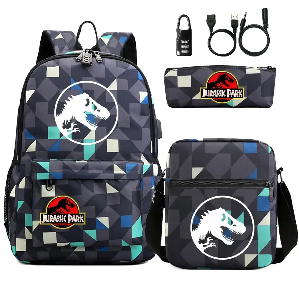 dinosaure jurassic park world 3 pièces usb antivol serrure garçon fille enfants école livre sacs voyage sac à dos sac à bandoulière stylo sac