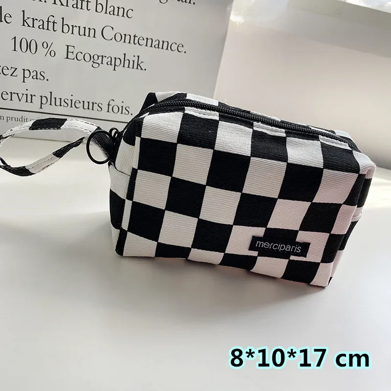 trousse de maquillage de voyage à carreaux, sac de rangement cosmétique, sacs à main pour femmes, portefeuille, étuis à crayons scolaires mignons, sacs en poudre, mode coréenne