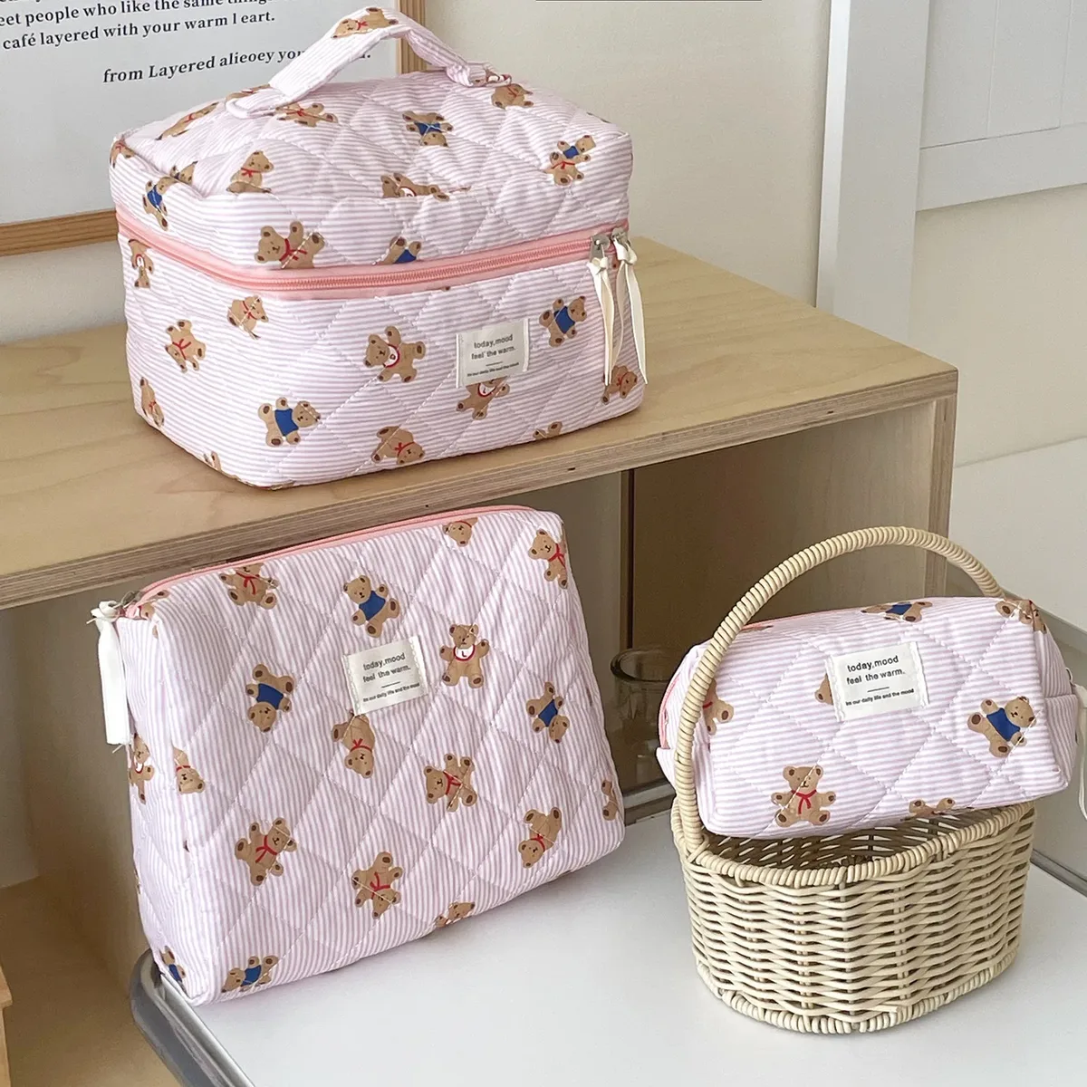 trousse de maquillage ours rayé pour femme, grande capacité, trousse de toilette, trousse de toilette, trousse de toilette, trousse de toilette, trousse de toilette