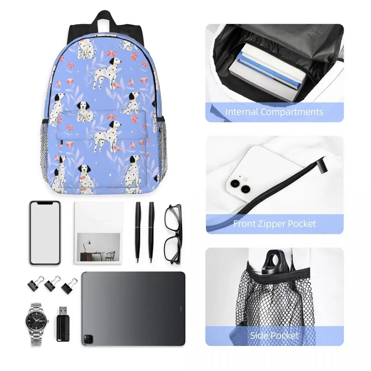 sac à dos avec motif de chien dalmatien et de fleurs, sac à dos de grande capacité pour garçons et filles, sac à bandoulière pour enfants, sac d'école