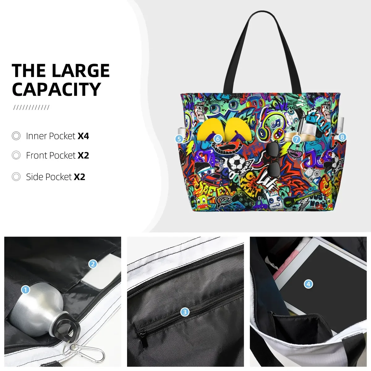 sacs fourre-tout de plage étanches pour femmes, sacs de rangement de grande capacité, sac à main initié pour voyage, vacances, natation, graffiti
