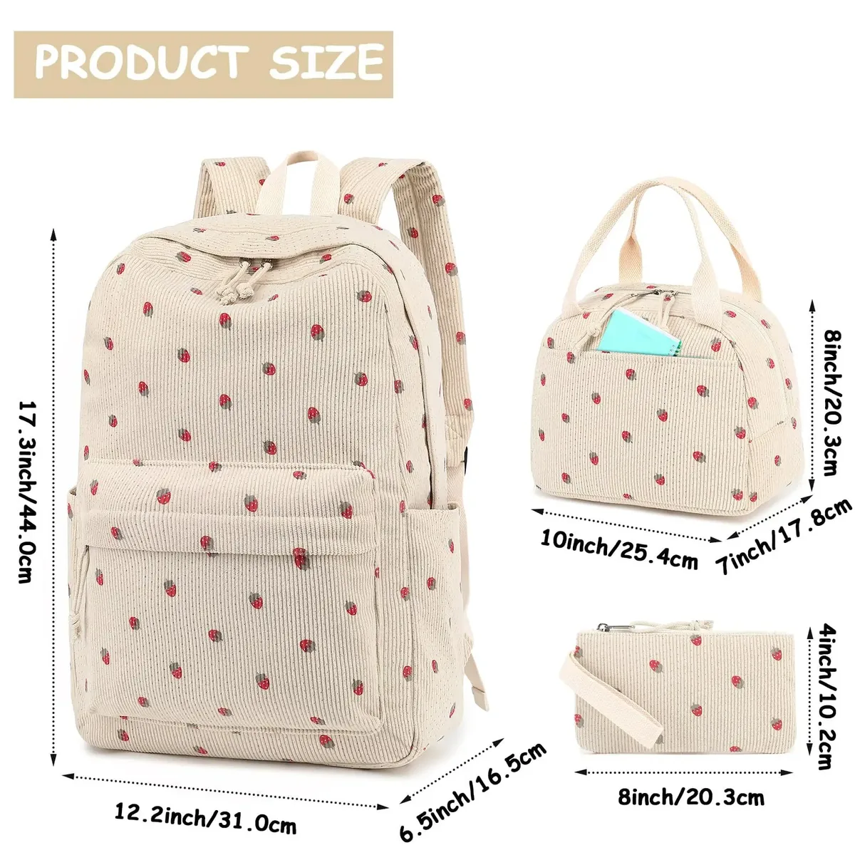 ensemble de 3 sacs à dos en velours côtelé motif fraise – polyvalent, décontracté, pour voyage et école – grande capacité et léger pour l'usage quotidien des étudiants