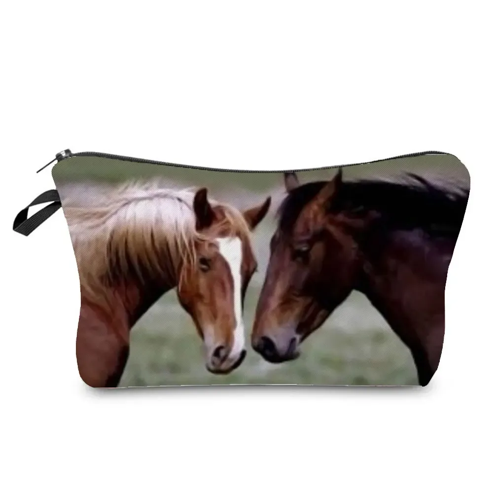 sacs de maquillage imprimés cheval pour femmes, sac à cosmétiques décontracté pour filles, mini trousse de toilette écologique réutilisable de voyage, trousse à crayons pour étudiants