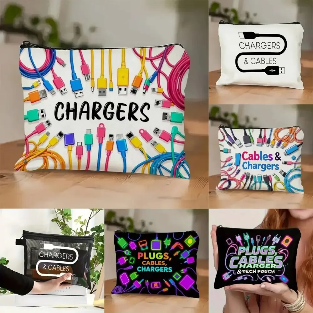 Nouvelle pochette de rangement pour chargeur en toile, fermeture à glissière, design imprimé, organiseur de câbles, sac de grande capacité, organiseur de cosmétiques, utilisation en voyage