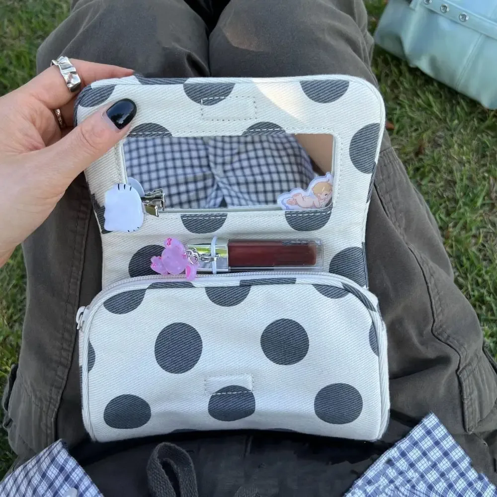 sac à cosmétiques portable en toile à pois, sac de rangement pour bijoux à rayures de grande capacité avec miroir de maquillage multifonctionnel