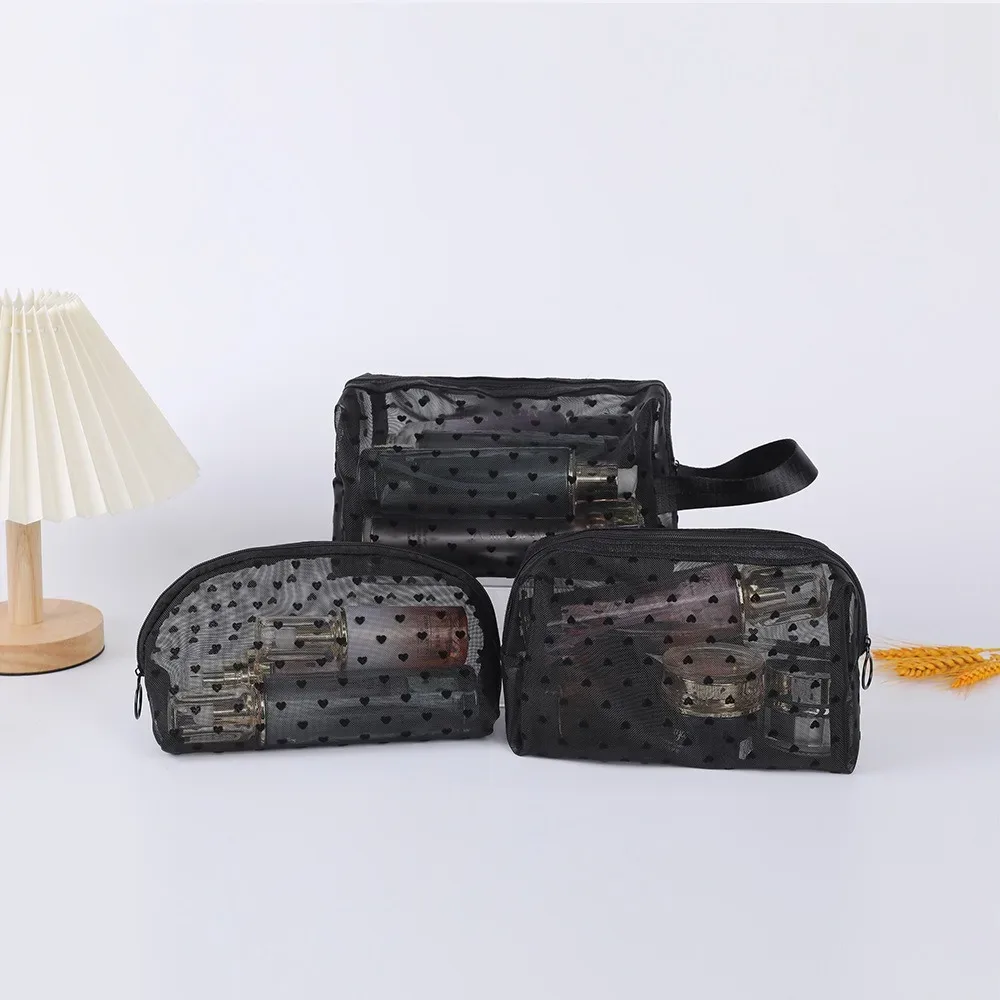 trousse de maquillage en velours de cœur noir en dentelle, sac de rangement transparent pour étudiant, trousse de toilette portable de voyage, trousse de maquillage universelle