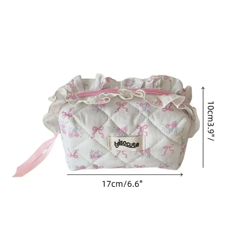 sac de maquillage en coton matelassé avec nœud mignon pour femmes, organisateur de cosmétiques à fermeture éclair, sac à main en tissu, trousse de toilette portable pour filles