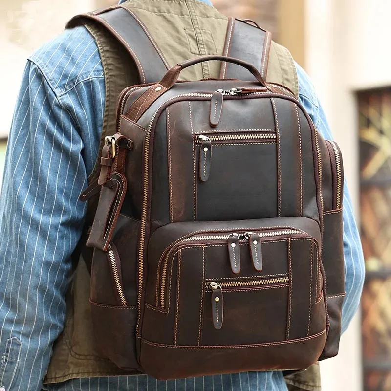 luufan vintage en cuir véritable homme voyage sac à dos fit 15 "ordinateur portable sac à dos en cuir véritable sac d'école grand voyage sac à dos pour homme