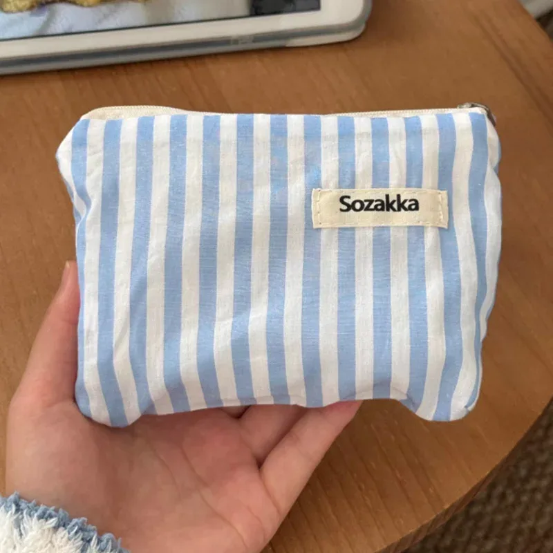 Sac de maquillage rayé en toile, organisateur de rouge à lèvres, pochette à monnaie, porte-clés, sacs cosmétiques pour femmes