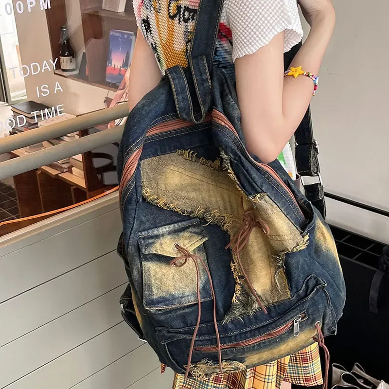 sac à dos en jean délavé grande capacité pour femme, style y2k, tendance, sac de voyage, sac à dos décontracté pour filles, sac de navetteur