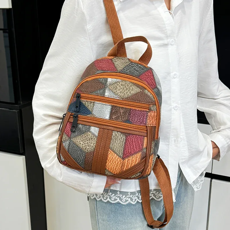 sac à dos patchwork de style vintage pour femmes, design multi-travures pour un usage quotidien, sac élégant, léger et décontracté, à la mode