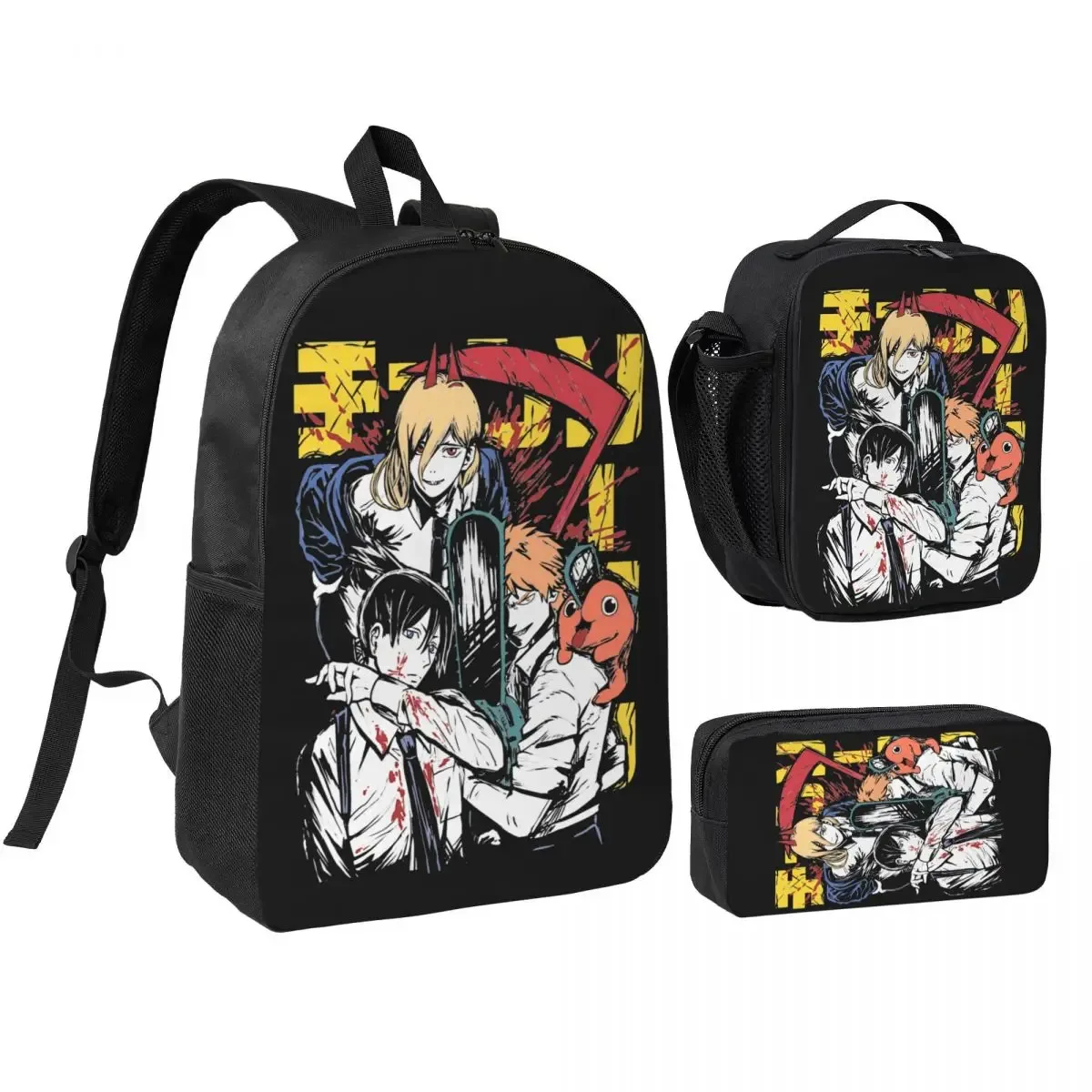 anime tronçonneuse homme 3pecs/ensemble sac à dos pour étudiant ordinateur portable sac à bandoulière sac à déjeuner trousse à crayons
