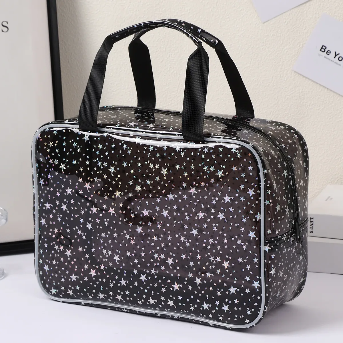 sac fourre-tout de voyage élégant en forme de cube de grande capacité, sac de maquillage imperméable à motif étoile, sac de rangement, trousse de toilette