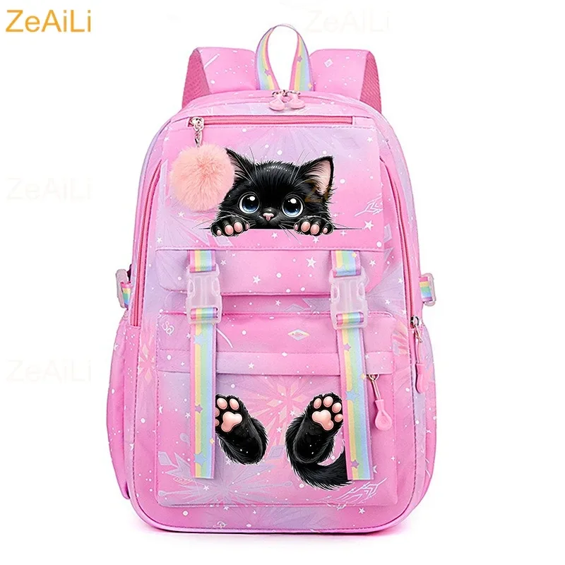 sac à dos pour femme, enfant, adolescent, motif chat noir mignon, fleur et papillon, idéal pour l'école