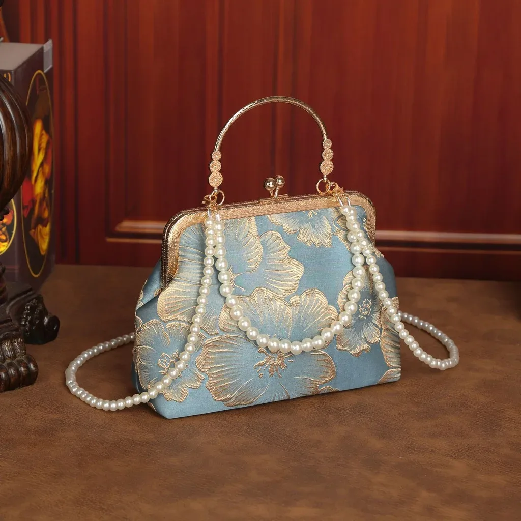 sac bandoulière en polyester, sac de soirée mi-souple, sac fourre-tout perlé, sac à main léger brodé de fleurs pour le voyage et les tenues cheongsam