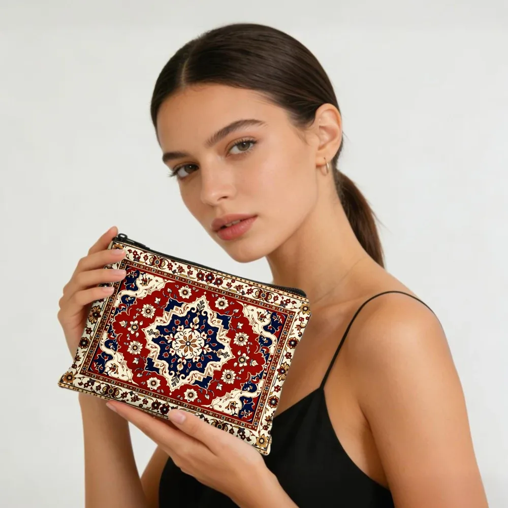 Sacs de maquillage géométriques floraux rouge bleu blanc pour filles, pochette cosmétique, trousse de toilette, trousse à crayons, rangement de voyage
