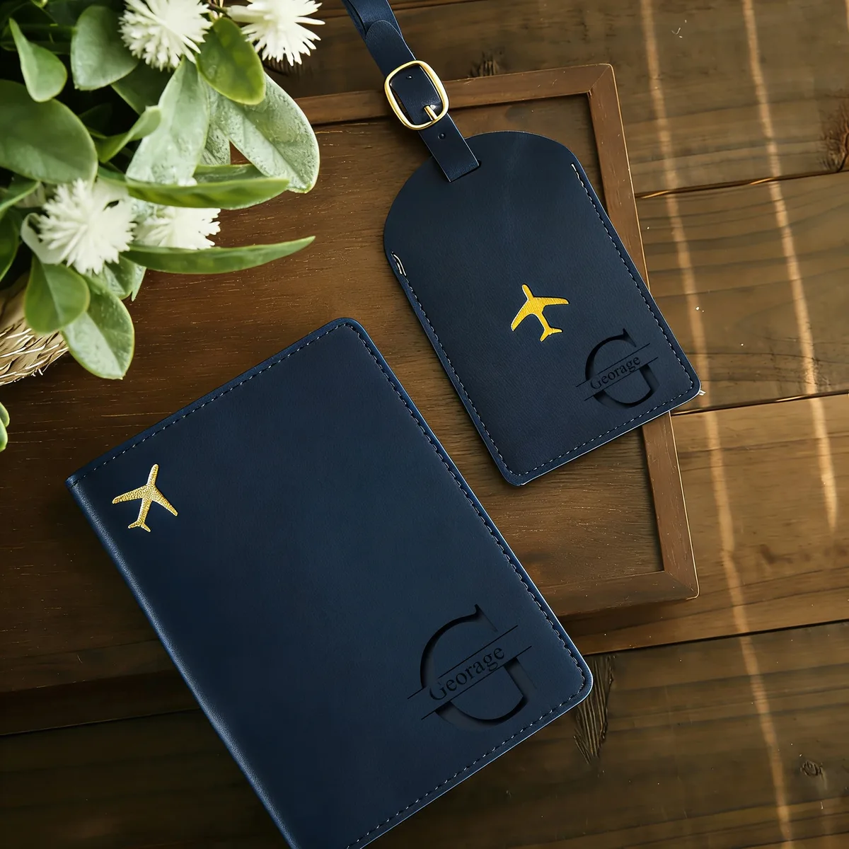ensemble de porte-passeport et d'étiquette à bagages en similicuir pu personnalisable avec gravure au laser, bouton-pression, essentiels de voyage