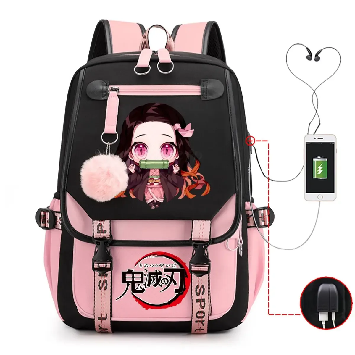 anime kamado nezuko imprimer sacs à dos femmes filles usb sacs de charge grande capacité enfants adolescent cartables voyage sacs à dos
