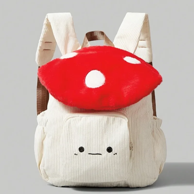 Sac à dos champignon en peluche Kawaii pour femmes, fourre-tout mignon avec bretelles réglables, fermeture à glissière, sacs à dos d'étudiant en velours côtelé rouge/blanc