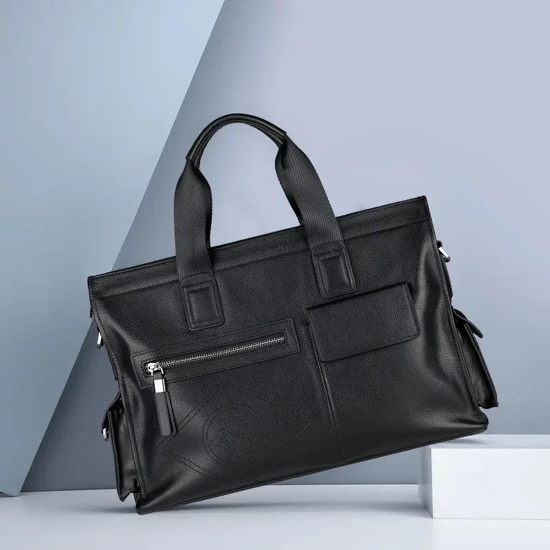 porte-documents en cuir pour hommes, fourre-tout d'affaires de grande capacité, sac à main tendance, véritable première couche de peau de vache