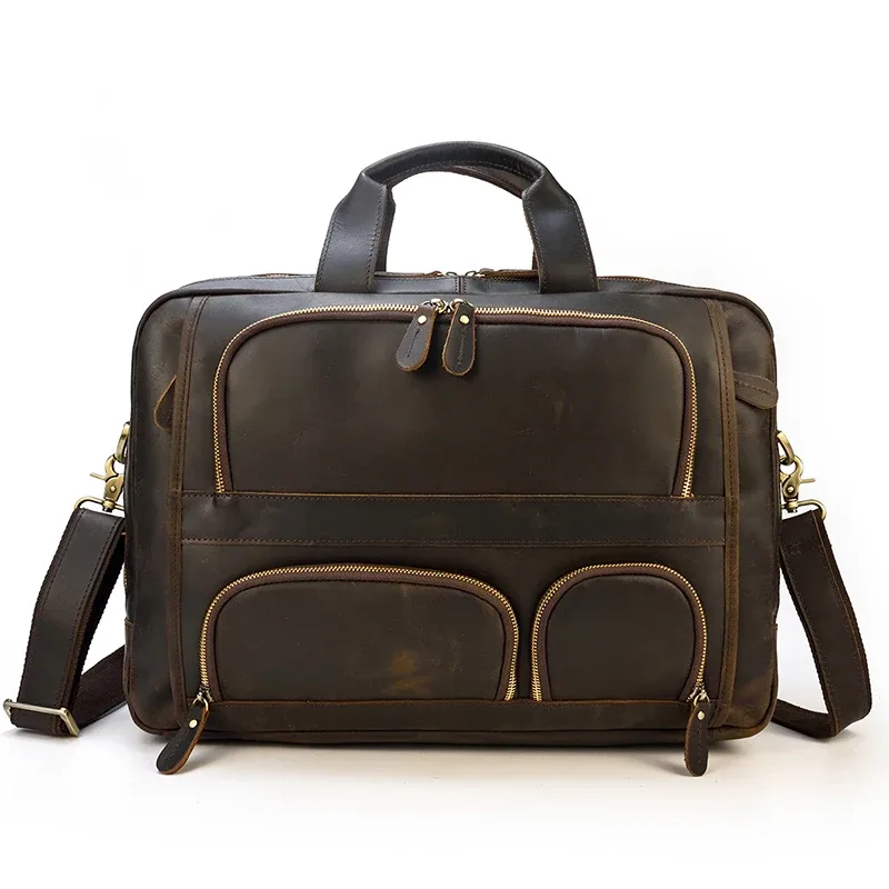 17.3 pouces mallette pour ordinateur portable en cuir véritable pochette d'ordinateur voyage d'affaires fourre-tout sacs à main pour hommes mâle grand bref étui sac rétro