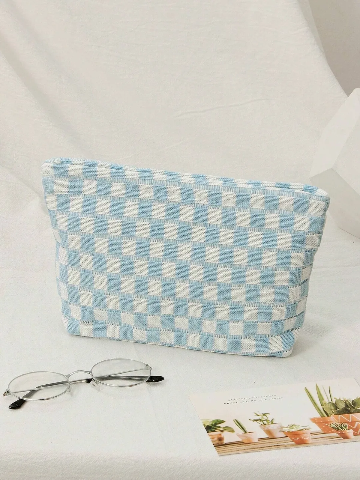 sac à cosmétiques en damier, sac de rangement de toilette tricoté, pochette de maquillage colorée, organisateur, sac à cosmétiques à motif à carreaux