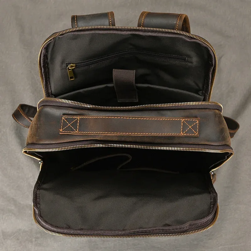 sac à dos de voyage vintage en cuir à double fermeture éclair pour homme, sacoche de voyage faite à la main