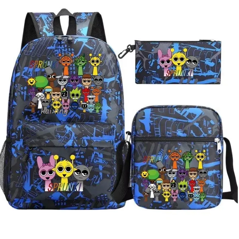 ensemble de 3 sacs à dos sprunki à imprimé anime, avec sac fourre-tout et pochette, grande capacité, léger et respirant, sac à dos décontracté tendance